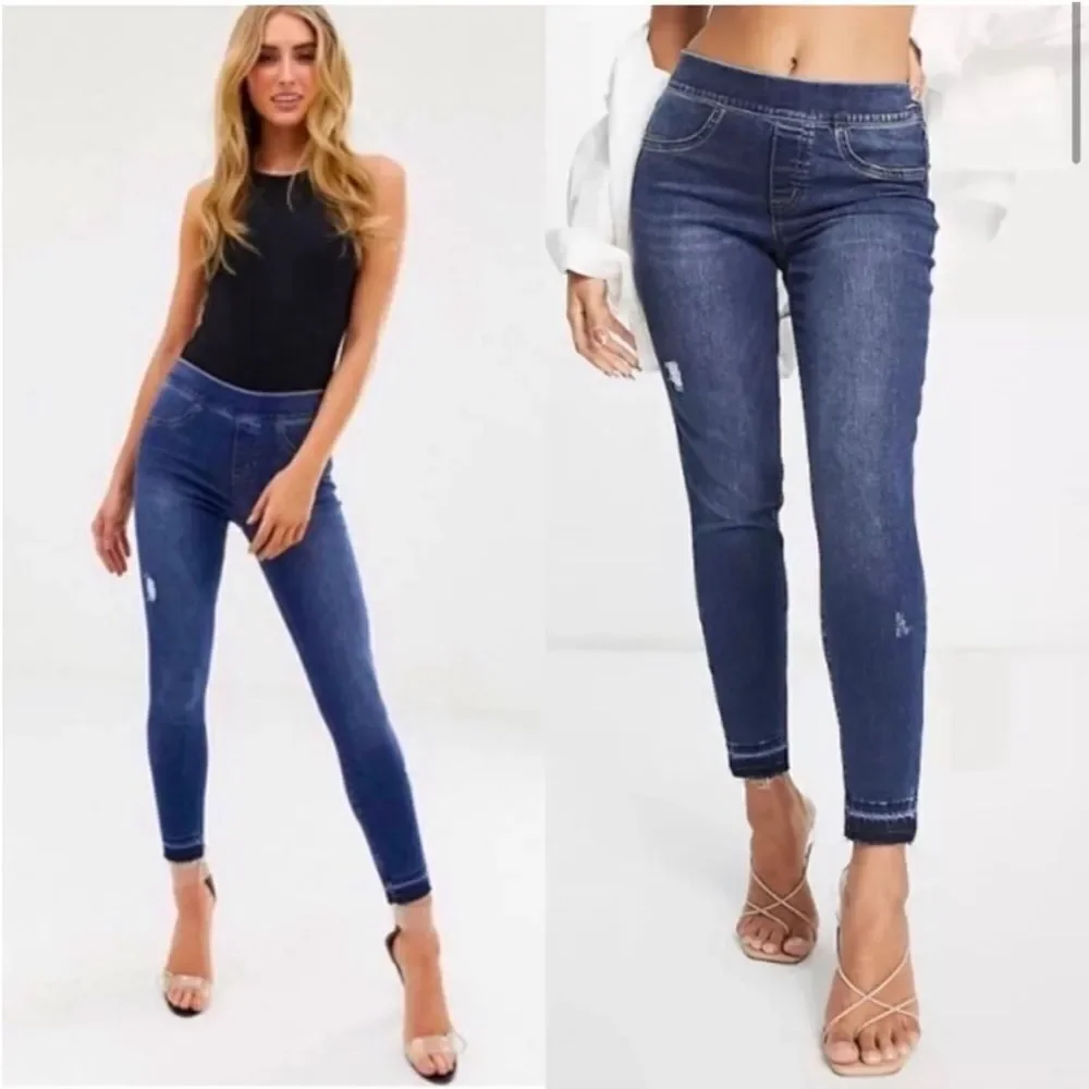 SPANX Petite Distressed Released Raw Hem Skinny Jeans in Medium Wash